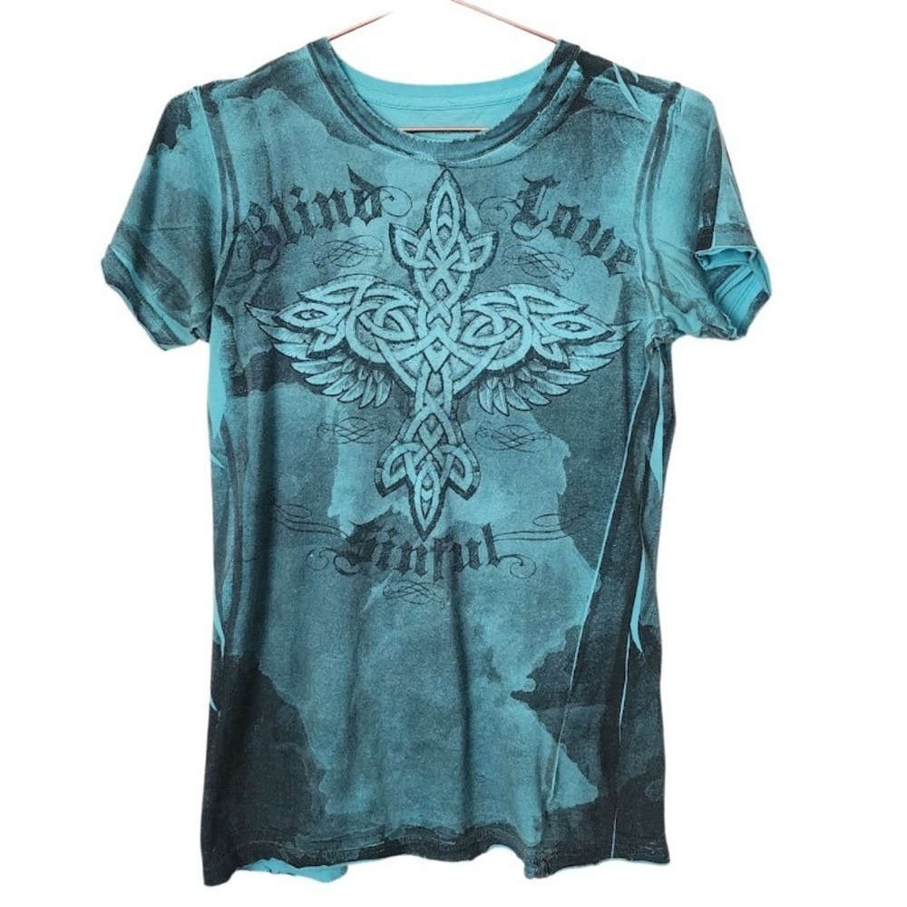 SINFUL Teal Grunge Cross Graphic Baby Tee Goth Y2K Emo Size M